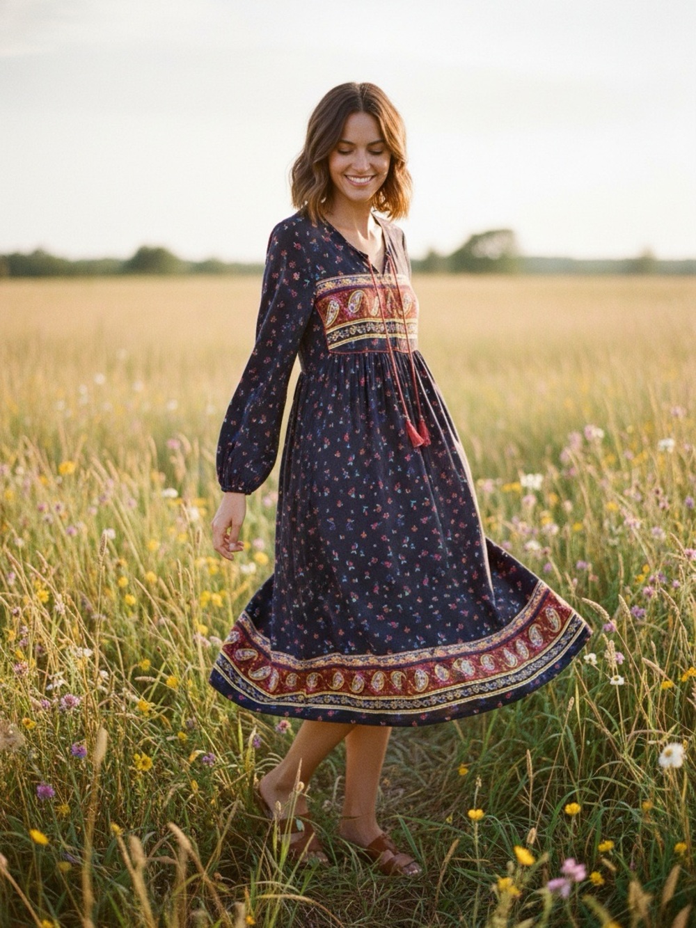 NWOT Expressions Boho Prairie Navy Midi Dress with Red Tassel Tie Medium